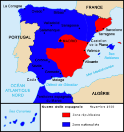 Spain in December 1938. Catalonia is colored red in the northeast corner. Espagne guerre nove.png