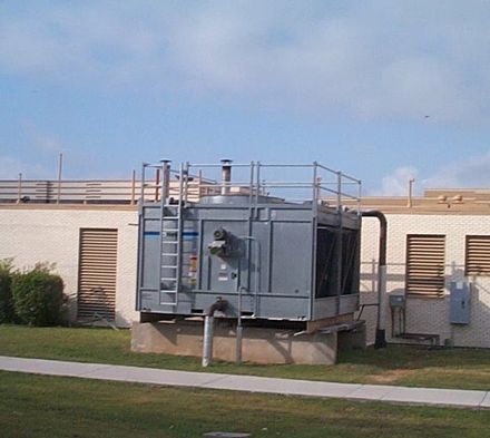 Mechanical draft crossflow cooling tower used in an HVAC application
