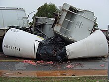 A crushed tank car involved in the derailment Farragut derailment 6.JPG