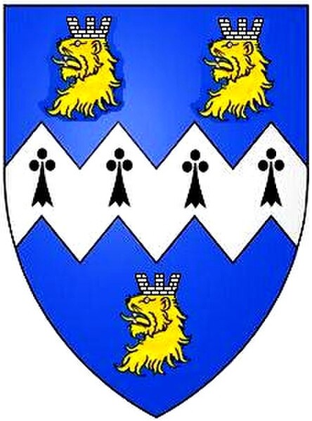 Arms of Fellowes of Eggesford, Devon: Azure, a fesse indented ermine between three lion's heads erased or murally crowned argent. Newton Wallop, later