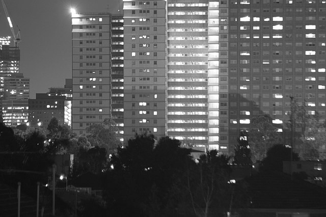 View of Atherton Gardens, Fitzroy at night in 2005