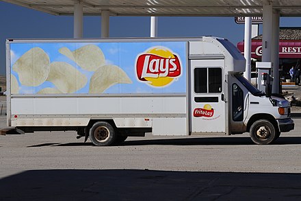 A Lay's branded Ford E-350 truck in Rawlins, Wyoming. Frito-Lay operates around 22,000 vehicles, or 60,000 including PepsiCo.[37][38]