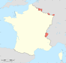 In pink, territories left to France in 1814 but removed after the Treaty of Paris of 1815. Gains territoriaux de la France en 1814.svg