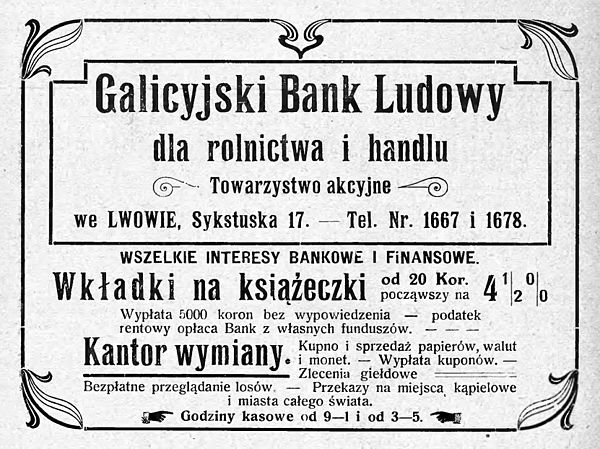 1913 advert for the Länderbank-sponsored Galician People's Bank for Agriculture and Trade