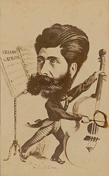 A caricature of Gaztambide with the score of Catalina, one of his most successful zarzuelas