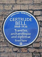 Gertrude Bell 1868-1926 Traveller, archaeologist and diplomat lived here.jpg