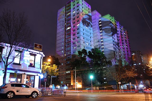 Atherton Gardens towers during the Gertrude Street Projection festival