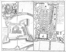 Übersichtsplan des Neuwerkgartens und der Schlossinsel mit ihren Befestigungsanlagen, Stich von 1743