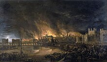 The 1666 Great Fire as depicted in a 17th-century painting: it depicts Old London Bridge, churches, houses, and the Tower of London as seen from a boat near Tower Wharf. Great Fire London.jpg