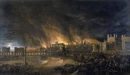 Velký požár Londýna na obraze od neznámého umělce (1675), pohled z lodi poblíž Tower Wharf (Eng. St Katharine Docks) večer ve čtvrtek 4. září 1666. Vlevo je London Bridge, na vpravo je věž, na pozadí nejvyšších plamenů je starý svatý Pavel.