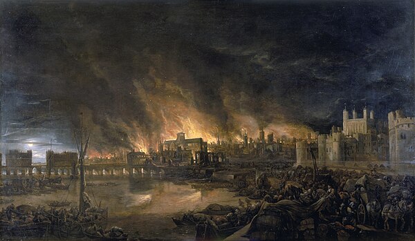 The Great Fire of London, depicted by an unknown painter (1675), as it would have appeared from a boat in the vicinity of Tower Wharf on the evening o