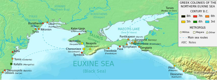 Greek colonies in the north coast of the Black Sea(Euxine Sea), 8th to 3rd century BCE. Borysthenes is shown to be located on the Berezan island (near Olbia)
