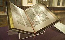 The Bible is the sacred book in Christianity. Gutenberg Bible, Lenox Copy, New York Public Library, 2009. Pic 01.jpg