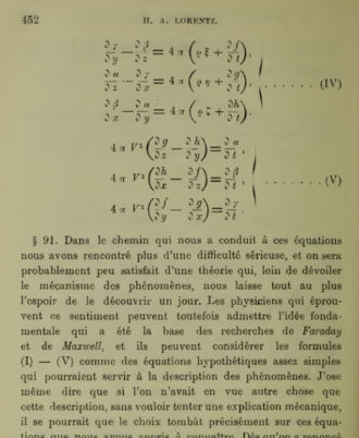 Lorentz' theory of electrons. Formulas for the curl of the magnetic field (IV) and the electrical field E (V), La theorie electromagnetique de Maxwell et son application aux corps mouvants, 1892, p. 452. H. A. Lorentz - rot B, rot E - La theorie electromagnetique de Maxwell et son application aux corps mouvants, Archives neerlandaises, 1892 - p 452 - Eq. IV & V.png