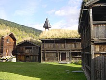 Sod roofs on 18th-century farm buildings in Heidal, Norway. Heidal.jpg