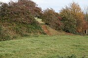 Grasfeld, das von einer Steinbruchwand aus Eisenstein mit Büschen begrenzt wird.