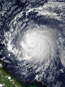 Satellite image of the hurricane featuring a pinhole eye