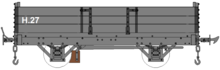 H.27, one of the three-plank wagons, built As M.N.Ry. No.1, note the central dropping door and timber brake blocks. Imr-h-wagon.png