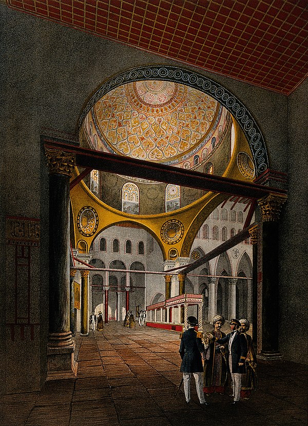 A 19th-century chromolithograph of the mosque's interior. The mosaic designs on the drum of the dome, the pendentives, and the archway in front of the