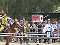 The World Tournament of Champions knights demonstrate their skill in the javelin thrust as part of a tournament reenactment at the Northern California Renaissance Faire in Santa Clara County.