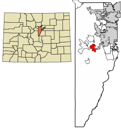 Location of the Indian Hills CDP in Jefferson County, Colorado.