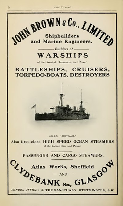 Advertisement for John Brown & Company in Brassey's Naval Annual 1915, featuring the Indefatigable-class battlecruiser HMAS Australia.