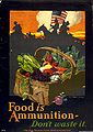 第一次世界大戰海報「食物是彈藥，不要浪費」，籲民眾不要浪費食物。