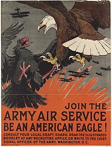 World War I recruiting poster. Artwork by Charles Livingston Bull Join the army air service. Be an American eagle! (cropped).jpg