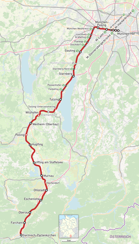 Karte der Bahnstrecke München Garmisch Partenkirchen