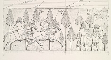 Scène de chasse : deux cavaliers galopant au milieu des arbres et deux hommes à pied, dont l'un tient un lièvre, et l'autre un oiseau. Copie d'un bas-relief de Dur-Sharrukin par Eugène Flandin.