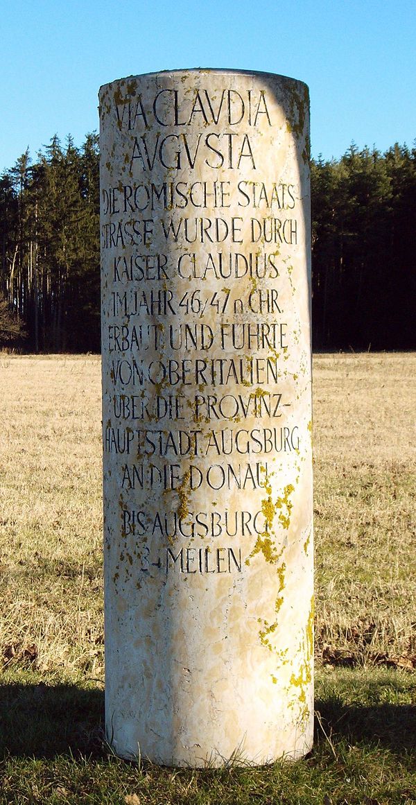 Modern replica of a Roman milestone on the Via Claudia Augusta near Unterdiessen, Bavaria.