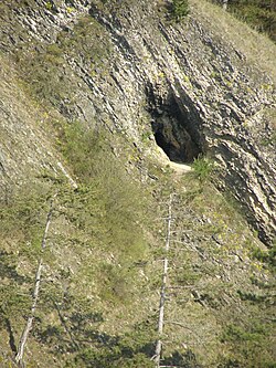 Detail vstupního portálu Klukovické jeskyně (jaro 2021)
