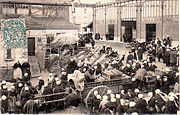 Photographie du marché aux volailles sur la place du marché avec les anciennes halles de l'ingénieur Michelin détruite en 1976