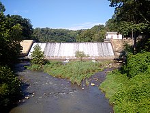 Lake Roland dam in 2019. The outflow is the Jones Falls