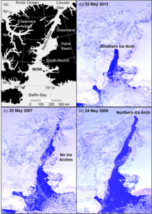 Portion of the Last Ice Area - the North Water polynya (NOW) situated between Ellesmere Island and Greenland. Anomalous ice formation were recorded on the Smith Sound ice in 2007 (c) and 2009 (d). Last Ice Area NOW.tif