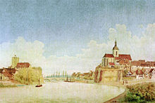 Lauffen, castle and Regiswindis Church from north-west; watercolour by Caspar Obach C 1850