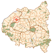 Vue de la commune de Levallois-Perret en rouge sur la carte de Paris et de la « Petite Couronne ».