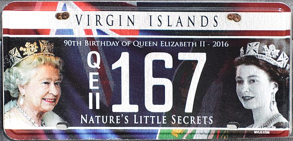 A licence plate in the British Virgin Islands commemorating the 90th birthday of Queen Elizabeth II