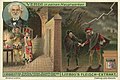 Deutsch: 1: Rigoletto - Rigoletto dingt den Sparafucile, um den Fürsten zu töten. Giuseppe Verdi, einer der größten neueren Musiker Italiens, ward am 10. Oktober 1813 zu Roncole, einem Weiler der Gemeinde Busseto bei Parma geboren und starb am 27. Januar 1901 zu Mailand. Eine der erfolgreichsten Opern Verdis war Rigoletto, zuerst 1851 zu Venedig aufgeführt, deren Stoff Viktor Hugos Trauerspiel »Le roi s'amuse« entnommen ist. Die hier abgebildete Szene spielt in einer Dorfschenke auf dem rechten Ufer des Mincio bei Mantua. Rigoletto, der Hofnarr des Herzogs von Mantua, will die von diesem Fürsten verletzte Ehre seiner Tochter Gilda rächen. Er dingt deshalb um zwanzig Dukaten den Wirt Sparafucile, einen berüchtigten Raufbold, der den schuldigen Herzog aus dem Wege räumen soll. Dieser wird durch die schöne Tochter des Wirts verlockt, sich als Hauptmann der herzoglichen Reiterei verkleidet nach der Wirtschaft zu begeben. Gilda rettet ihn jedoch um den Preis ihres Lebens.