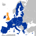 Eine Landkarte von Europa: Großbritannien ist in Orange eingezeichnet, die Europäische Union in Blau.