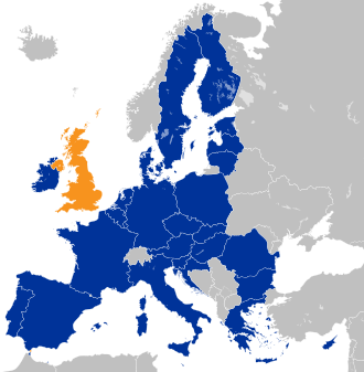 The United Kingdom in orange; the European Union (27 member states) in blue. UK location in the EU 2016.svg