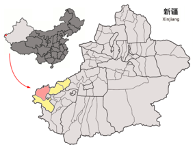 Ulughchats läge i Kizilsu, Xinjiang, Kina.