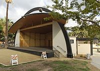 A view of Levitt Pavilion bandshell at MacArthur Park, which offers over 50 free concerts each summer with a focus on Latin-alternative and progressive world-music acts.[4]