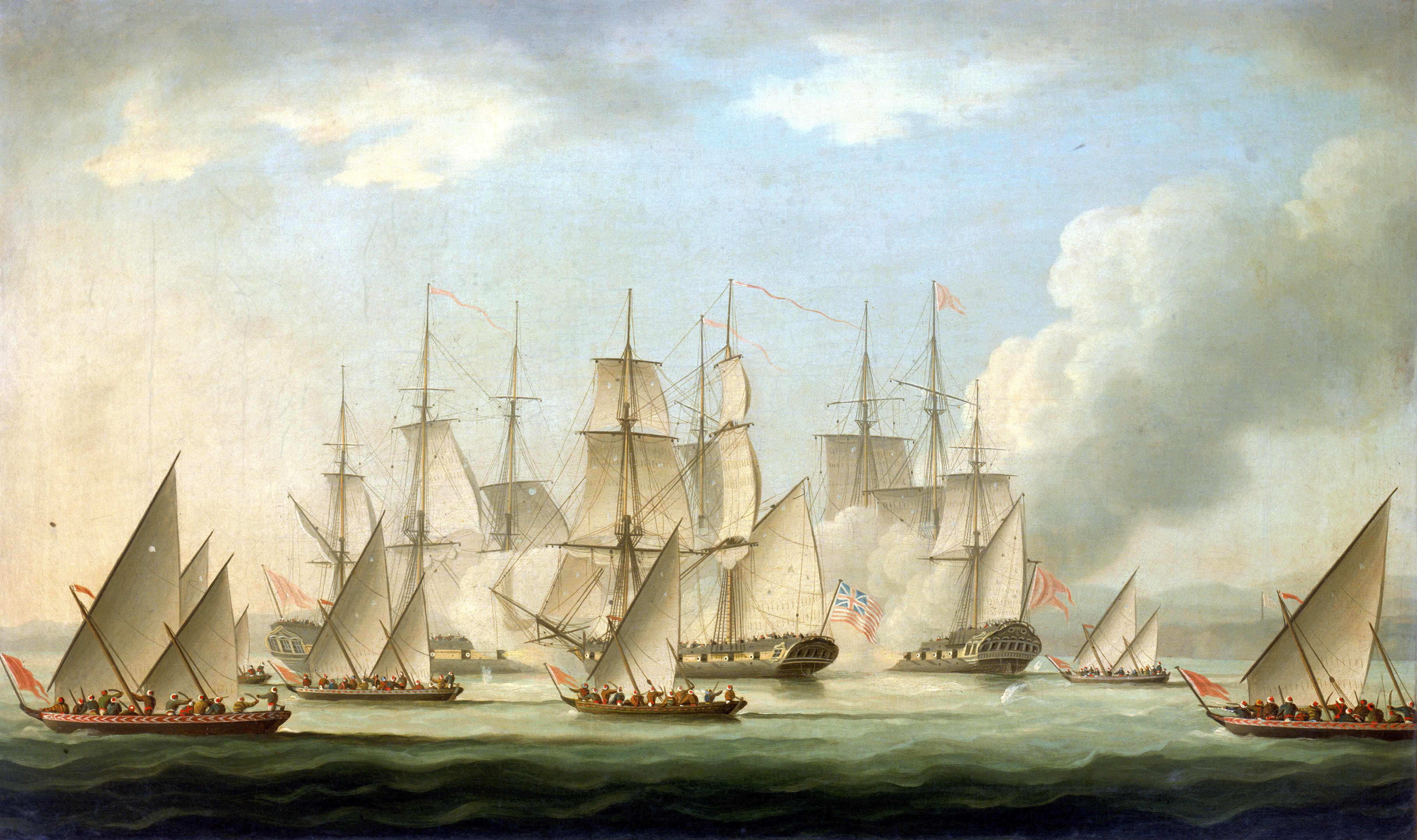 Mahratta_pirates_attacking_the_sloop_'Aurora',_of_the_Bombay_Marine,_1812;_end_of_the_action_RMG_BHC1085