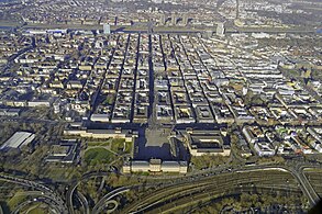 Aerial view of the city center, showing the grid layout