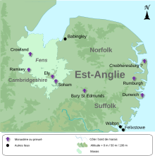 Carte situant les différents lieux mentionnés dans l'article. Babingley est au nord, Cnobheresburg, Rumburgh et Dunwich à l'est, Walton et Felixstowe au sud-est, Crowland, Ramsey, Ely et Soham à l'ouest (dans une région de marais) et Bury St Edmunds au centre