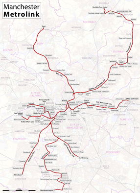 Geographic map of the system Map of Manchester Metrolink.png