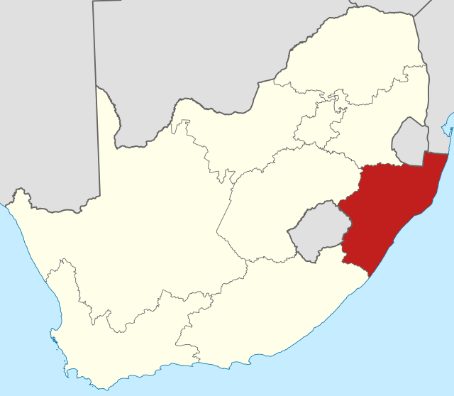 Map indicating the extent of KwaZulu-Natal within the Republic of South Africa