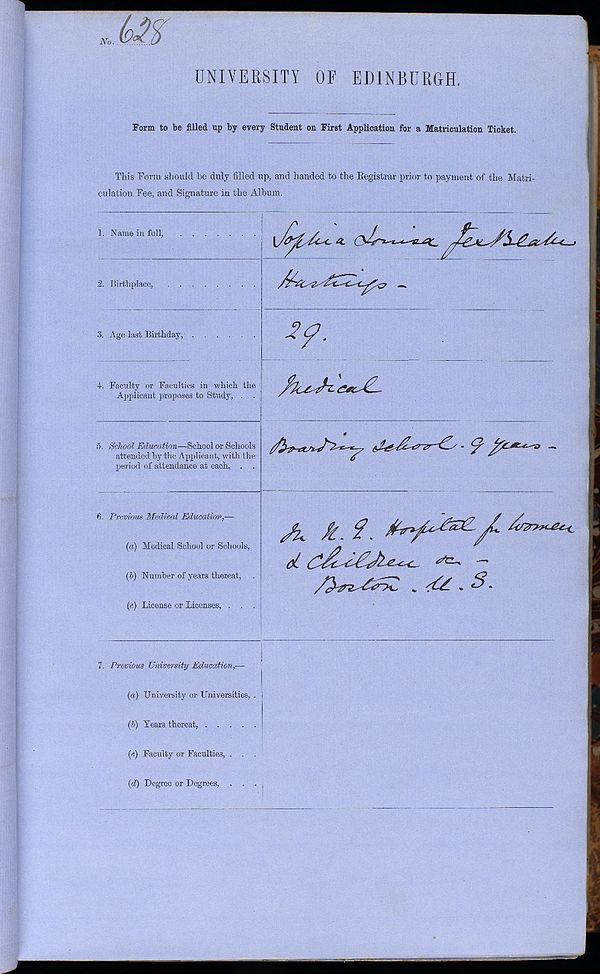 Jex-Blake's application for matriculation, submitted to the University of Edinburgh, is held in their archives.