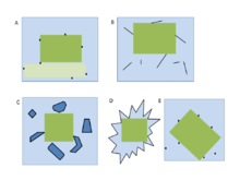 Maximum Empty Rectangles (in green) with different bounding objects (with black outline) . The light green rectangle would be suboptimal (non-maximal) solution. A-C are axis oriented - parallel to axes of the light blue "floor" and also examples of. E shows a maximal empty rectangle with arbitrary orientation Maximum Empty Rectangle.png